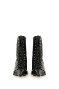 Aeyde women’s black leather lace-up ankle boots with pointed toes and silver eyelets