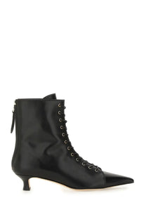 Aeyde women’s lace up black patent leather ankle boot with pointed toe and low kitten heel