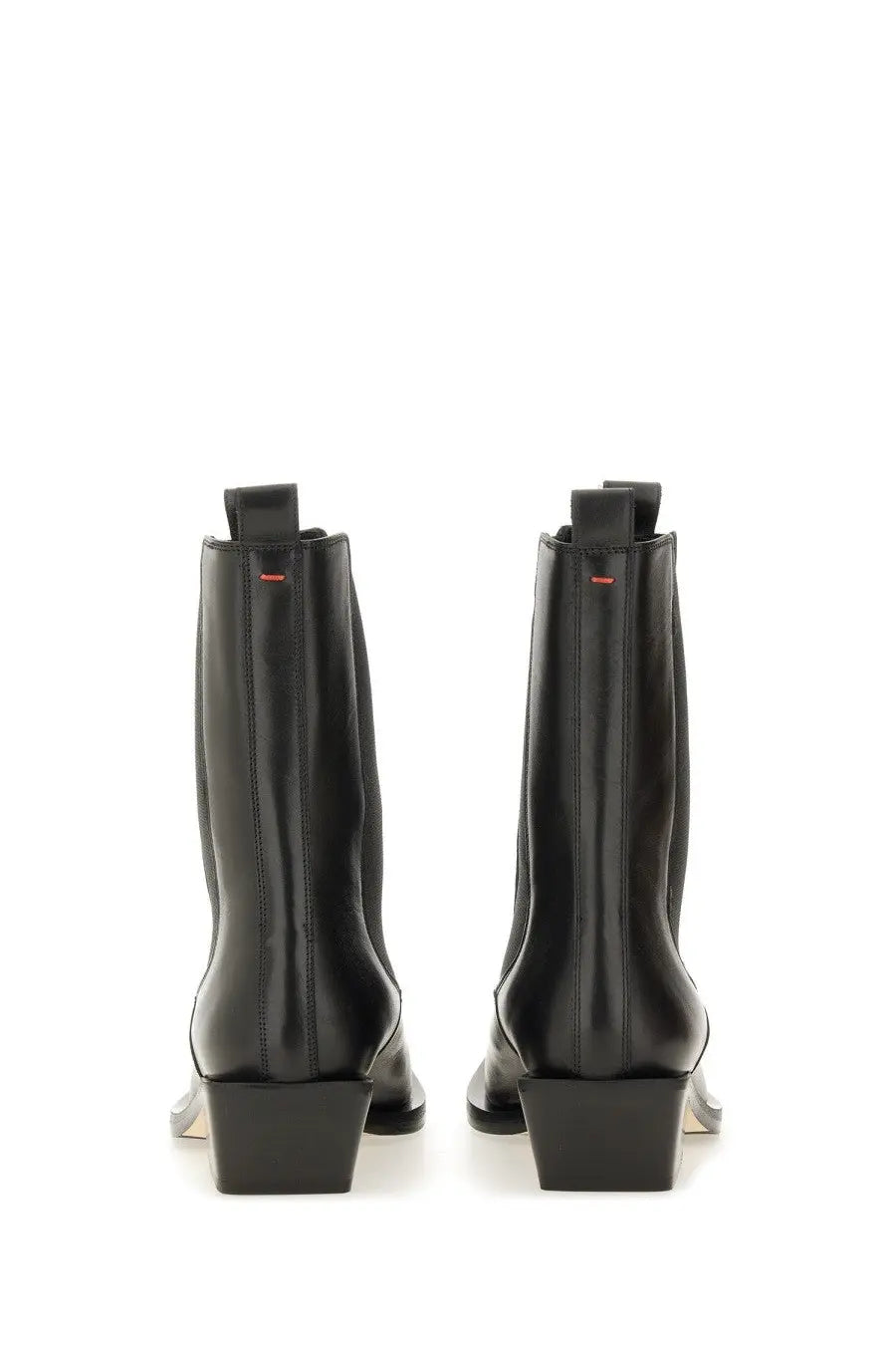 Aeyde women’s black leather ankle boots with a sleek polished finish and low block heel
