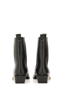 Aeyde women’s black leather ankle boots with a sleek polished finish and low block heel