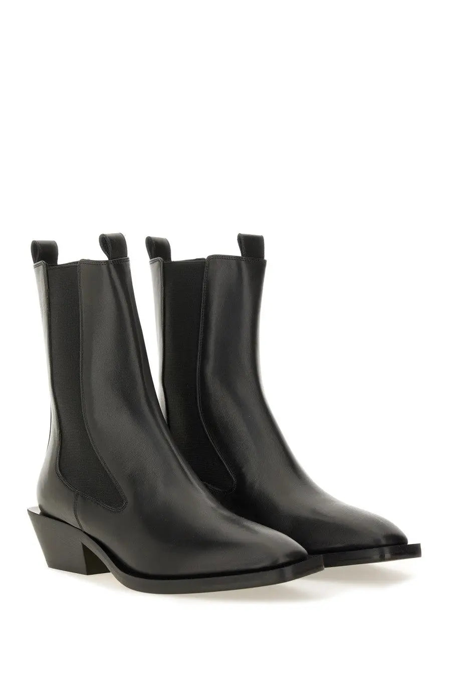 Aeyde womens black leather Chelsea boots with sleek pointed toe and low block heel