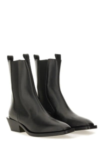 Aeyde womens black leather Chelsea boots with sleek pointed toe and low block heel