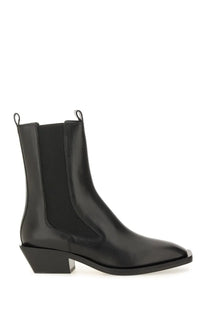 Aeyde women’s black leather chelsea boot with a sleek pointed toe and low block heel