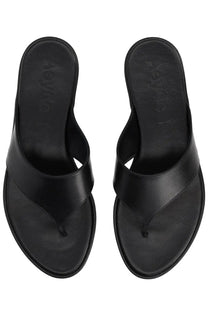 Black leather flip-flops by aeyde with a sleek minimalist design and aleya embossed on the insole