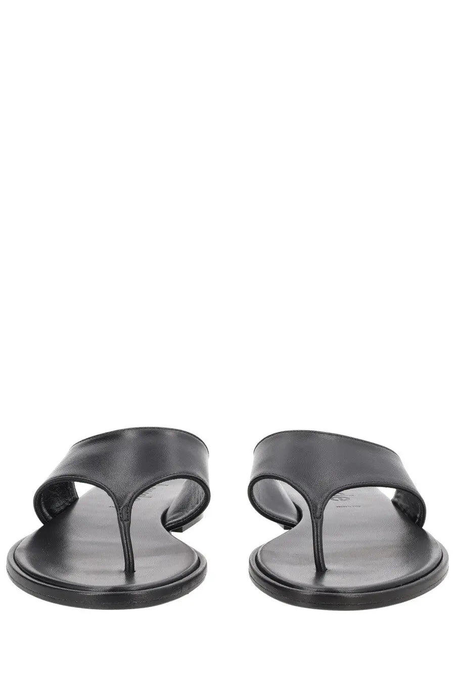 Aeyde women’s black leather thong sandal with minimalist design and sleek straps shown from front angle