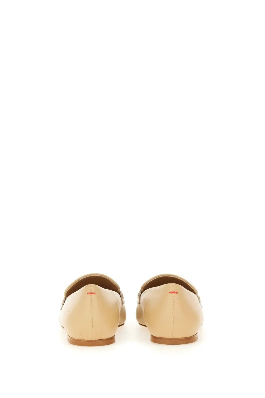 Aeyde women’s moccasin tom beige leather loafers with minimalist design and subtle red stitching on the heel back side