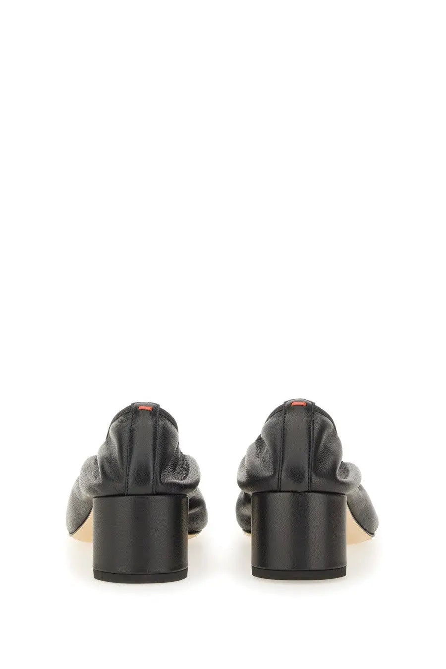 Aeyde women’s pump gemma black leather loafers with matte finish and block heels shown from the back side