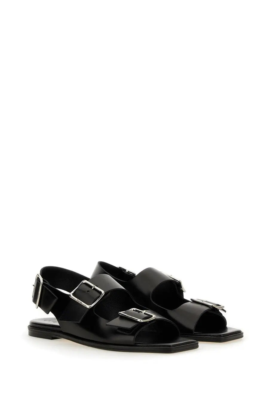 Aeyde women’s black leather sandals with silver-toned buckle straps for stylish summer wear