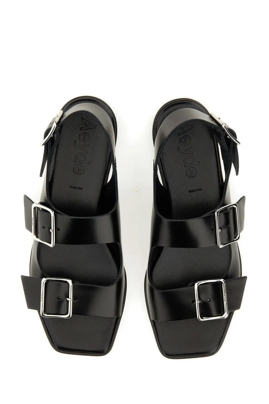 Aeyde women’s black leather sandals with two silver buckle straps and a square toe design