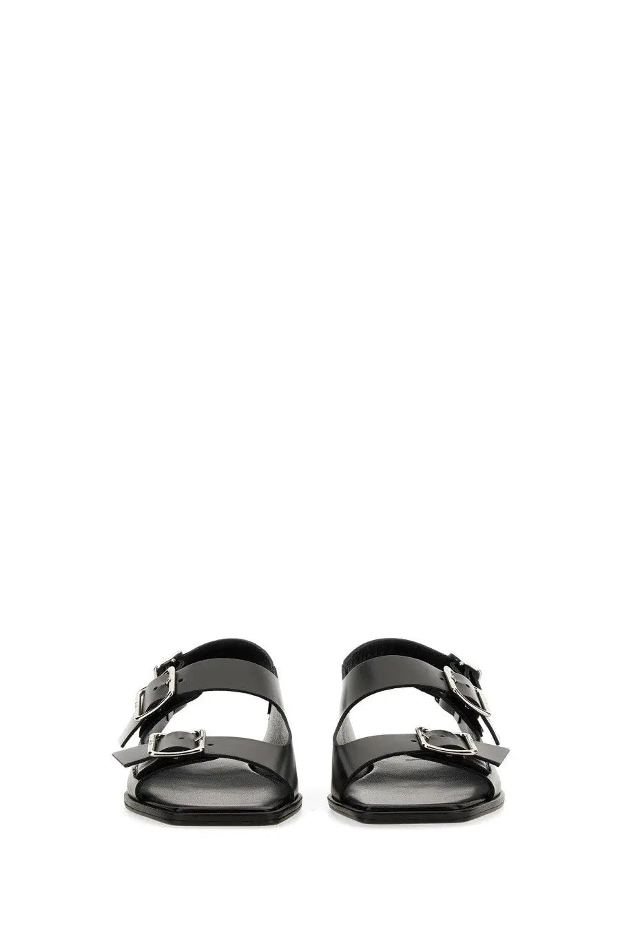 Aeyde women’s black leather sandals with two silver-toned buckle straps for stylish comfort