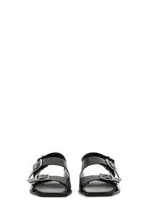 Aeyde women’s black leather sandals with two silver-toned buckle straps for stylish comfort