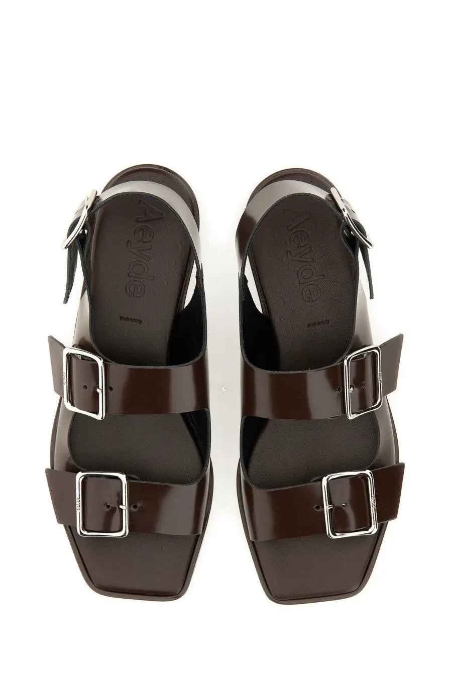 Aeyde women’s sandal Tekla brown patent leather with silver-toned rectangular buckles and square toe design