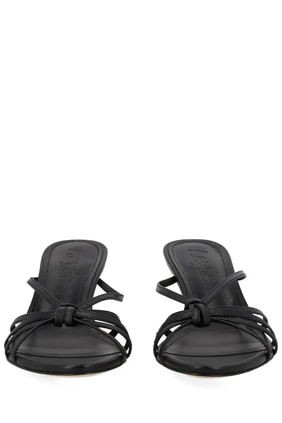 Aeyde women’s black leather sandals with knotted strap design and low heel for stylish casual wear