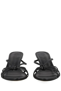 Aeyde women’s black leather sandals with knotted strap design and low heel for stylish casual wear