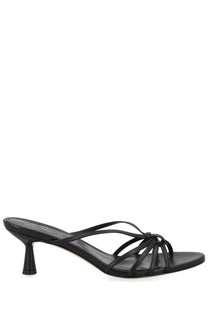 Aeyde women’s black leather strappy mule sandal with a slender heel front view