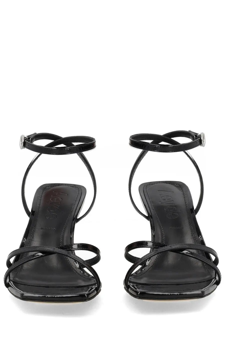Aeyde women’s sandalo edith con tacco black patent leather strappy sandals with silver buckle accents and minimalist design