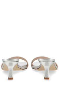 Aeyde women’s sandalo gilly con tacco silver metallic mule sandals with sleek textured finish and low block heels