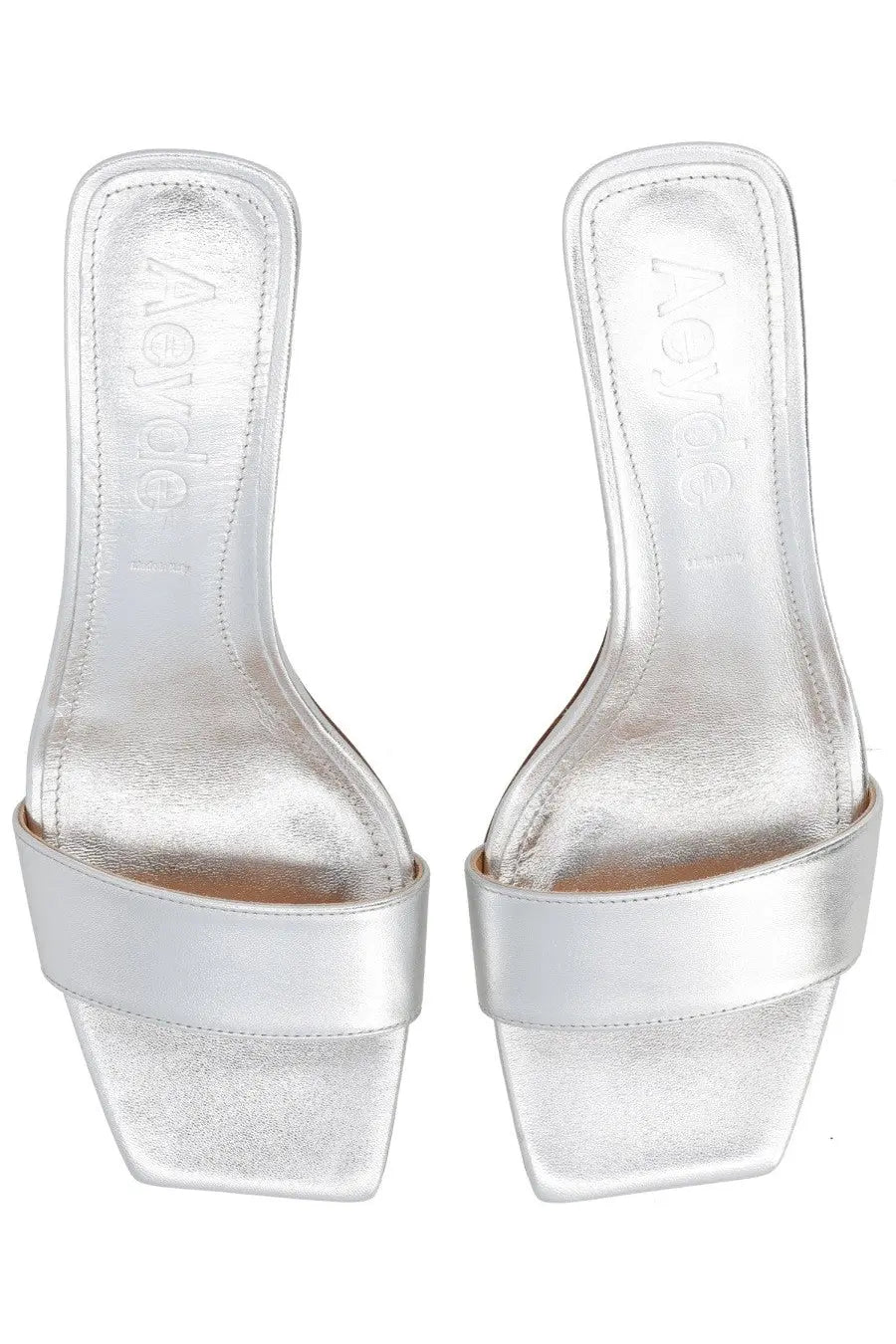 Aeyde women’s slide sandals silver metallic with sleek minimalist design and square toe shape