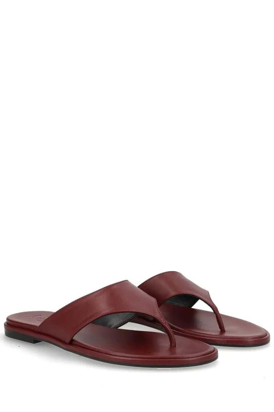 Aeyde women’s burgundy leather thong sandals with minimalist design and black rubber soles