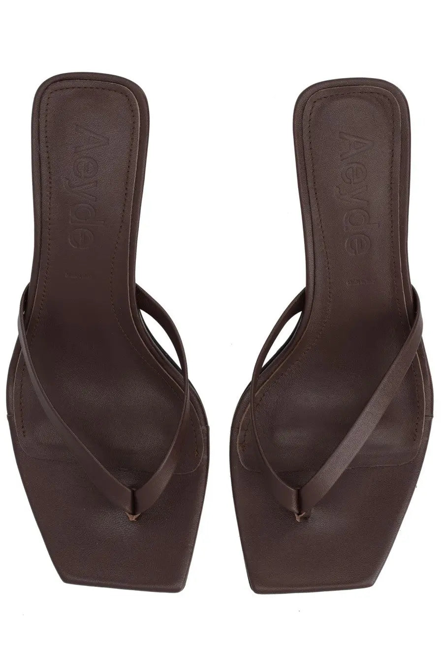 Aeyde women’s brown leather flip-flops with a square toe and minimalist design for casual wear