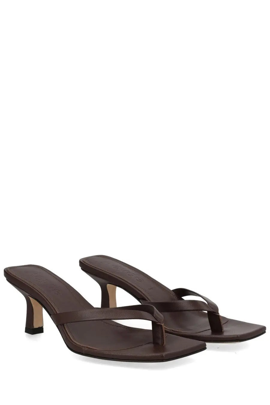 Aeyde women’s brown leather thong sandals with a low block heel designed for casual wear