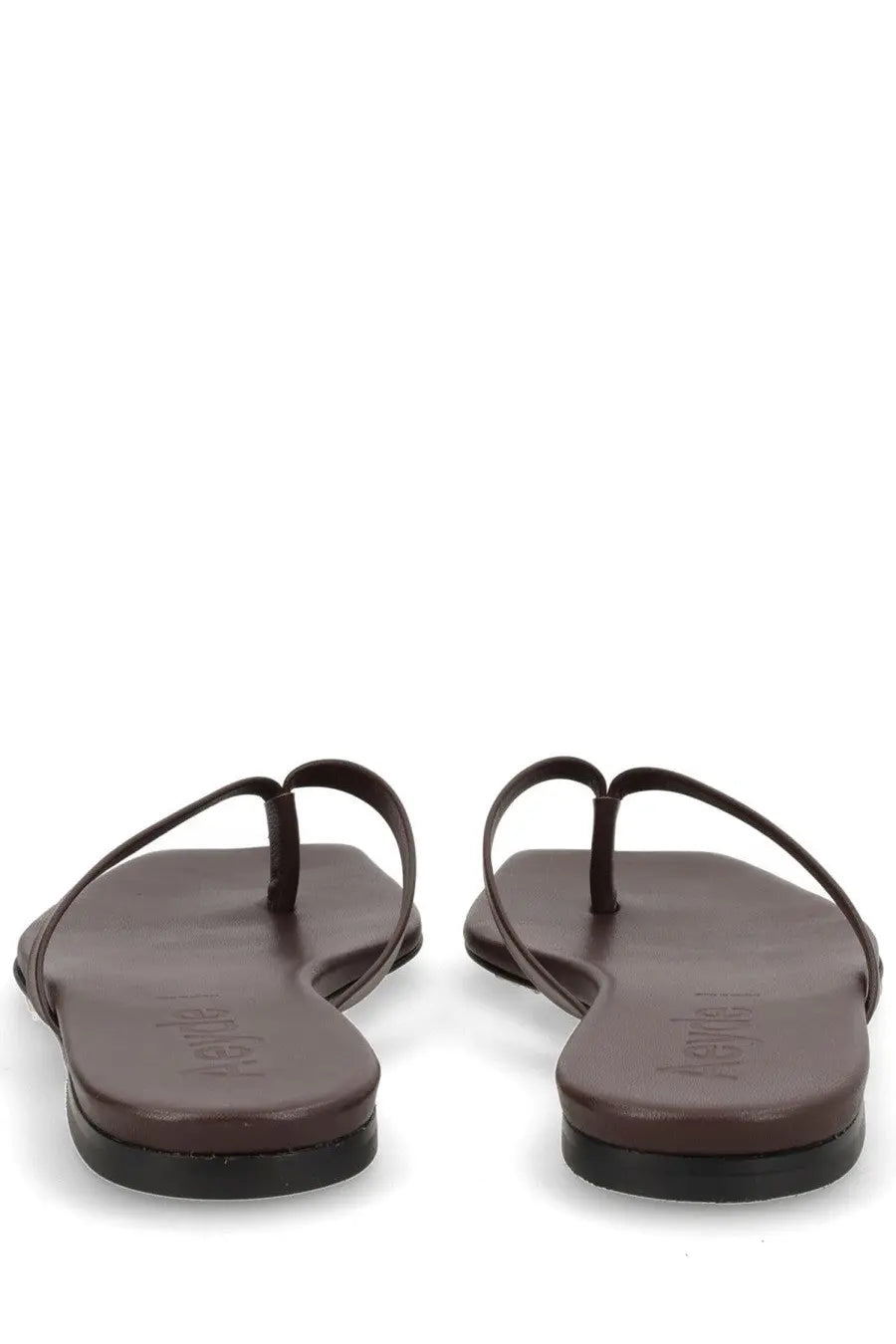 Aeyde women’s Sandalo Renee brown leather thong sandals with minimalist design and subtle brand embossing on the sole