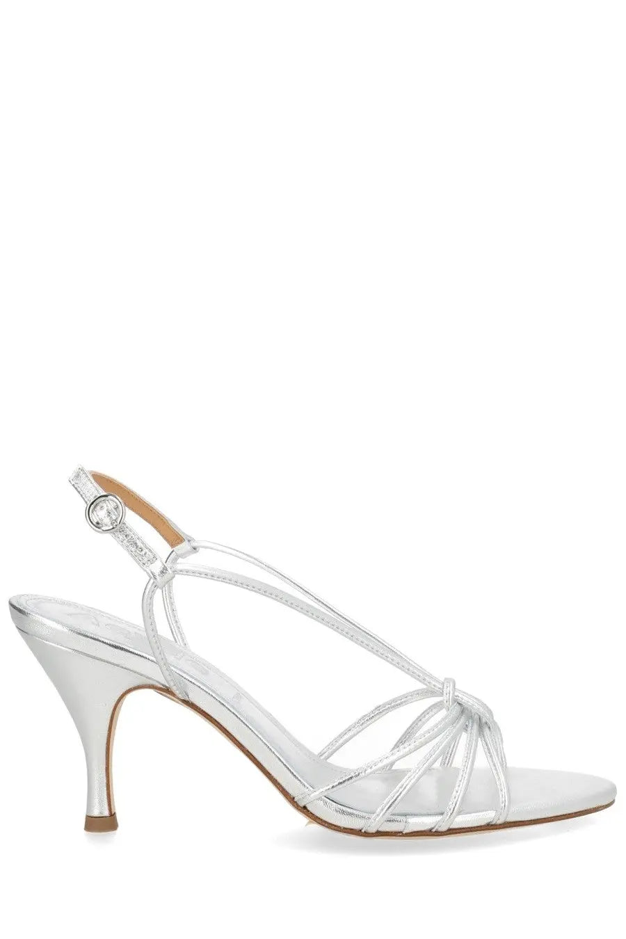 Aeyde women’s silver metallic strappy sandal with slender heel and decorative buckle