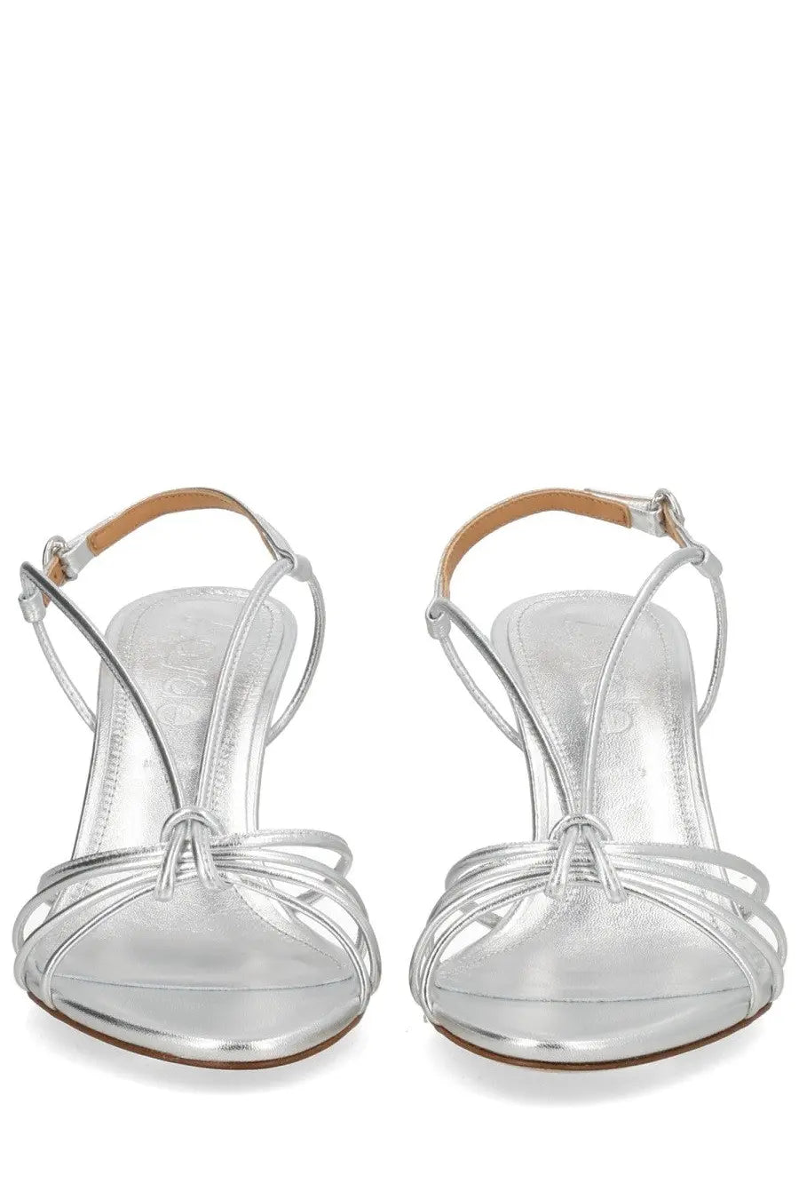 Aeyde women’s silver metallic strappy sandals with tied bow detail at the front and a block heel