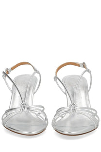 Aeyde women’s silver metallic strappy sandals with tied bow detail at the front and a block heel