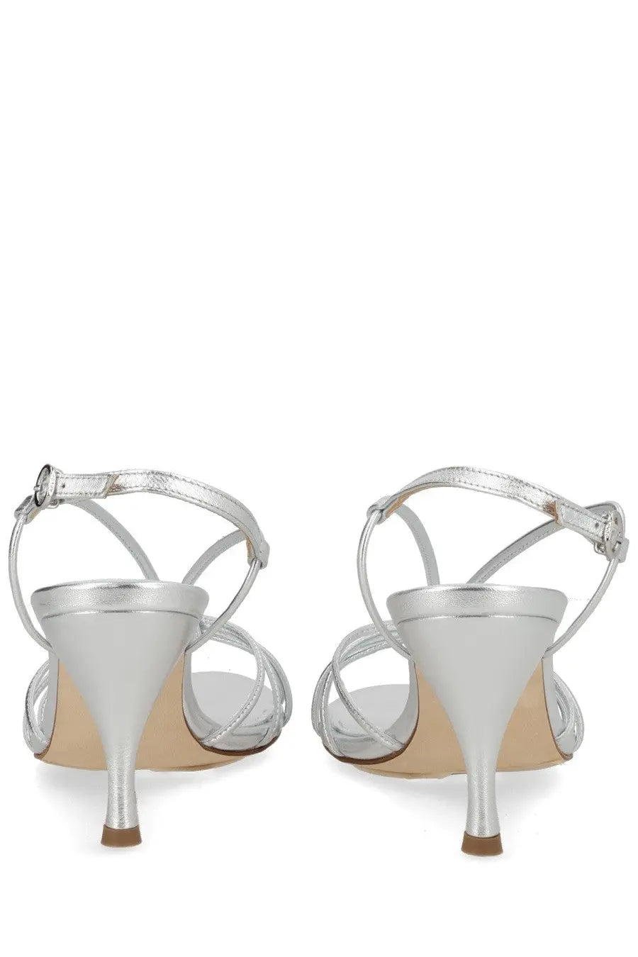 Aeyde women’s sandalo Solange silver metallic strappy heels with sleek cone-shaped heel and ankle strap