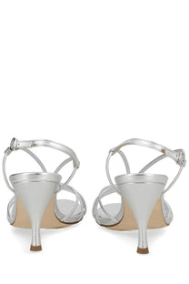 Aeyde women’s sandalo Solange silver metallic strappy heels with sleek cone-shaped heel and ankle strap
