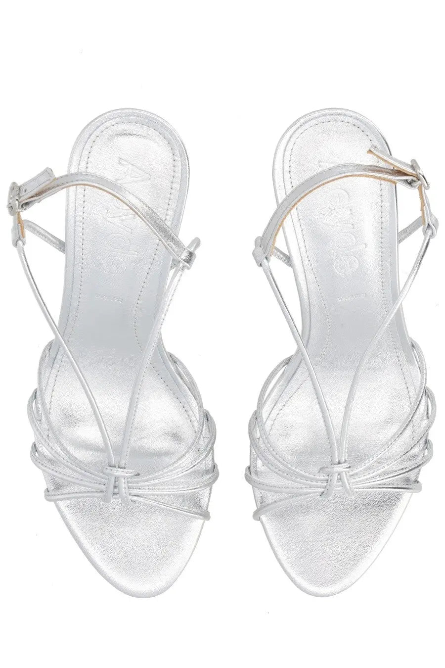 Aeyde women’s silver metallic strappy high-heeled sandals with crisscross design and ankle strap