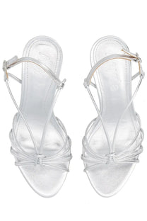 Aeyde women’s silver metallic strappy high-heeled sandals with crisscross design and ankle strap