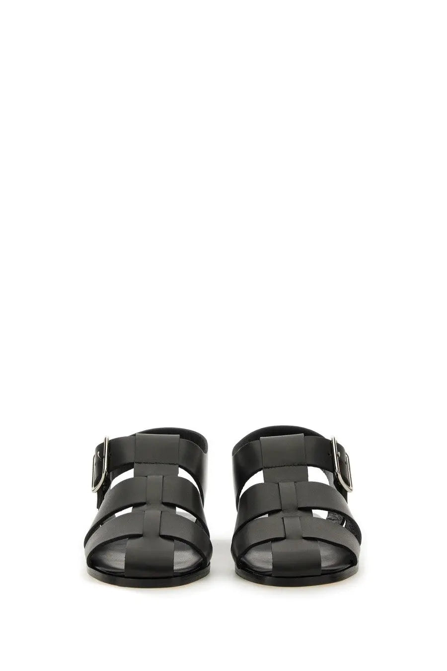 Aeyde women’s black leather sandals with woven strap design and silver-toned buckle accents