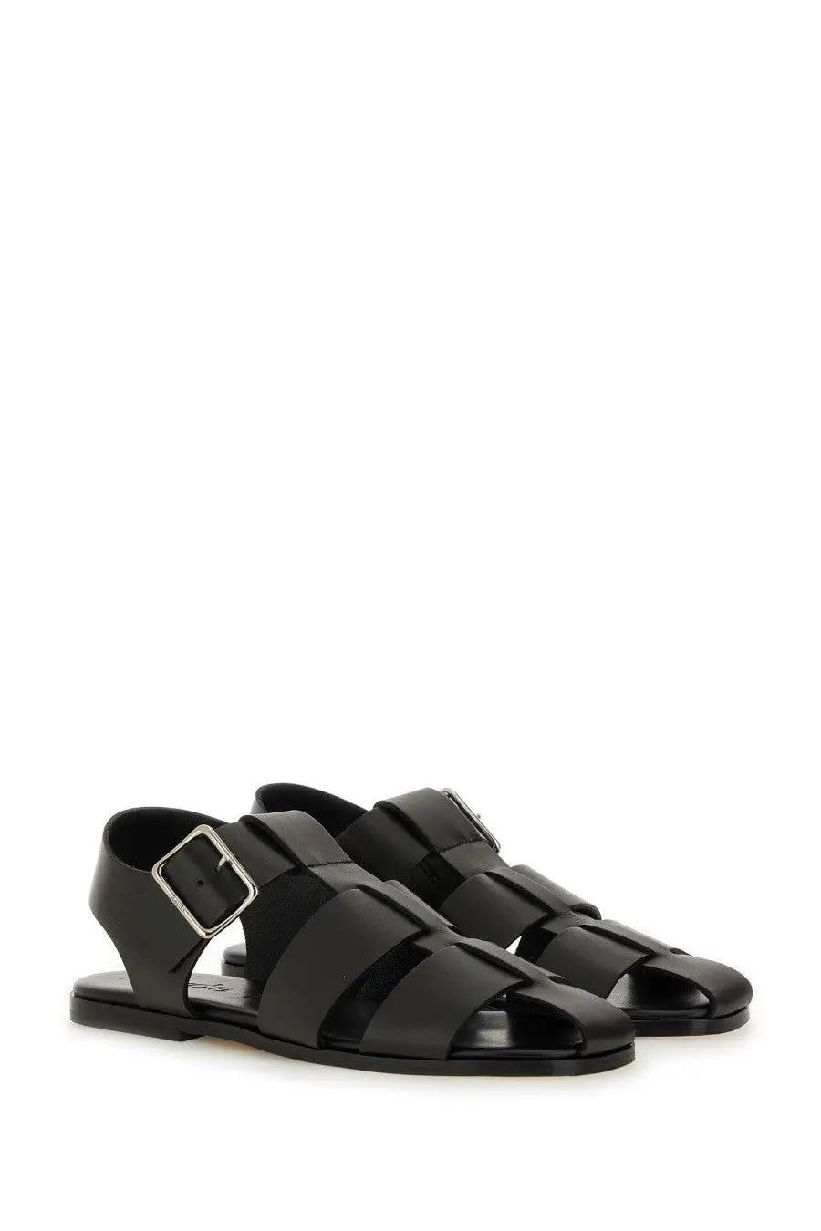 Aeyde women’s black leather sandals with woven strap design and silver-toned buckle for stylish wear