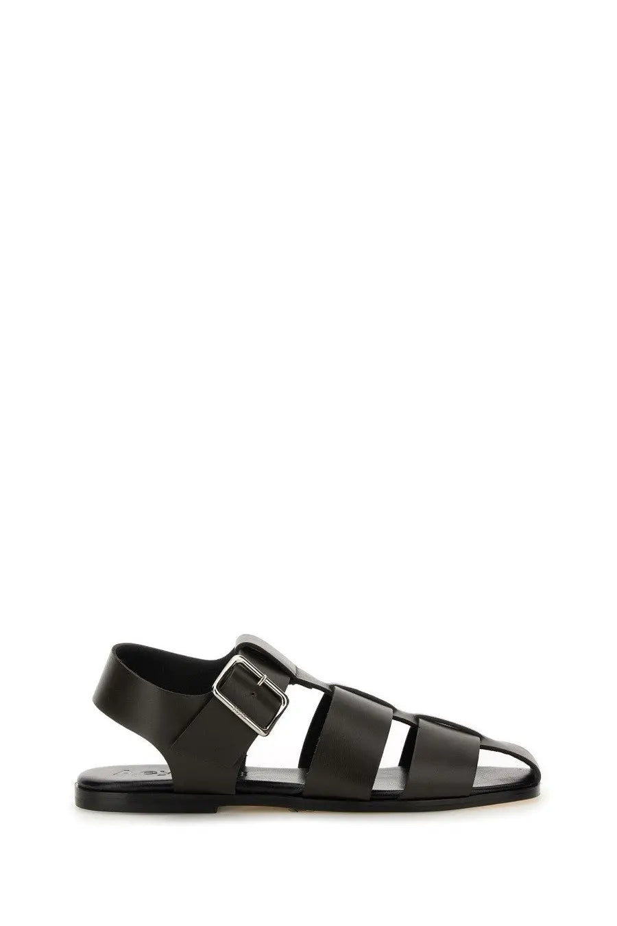 Aeyde women’s black leather sandal with silver buckle and multiple straps perfect for casual wear