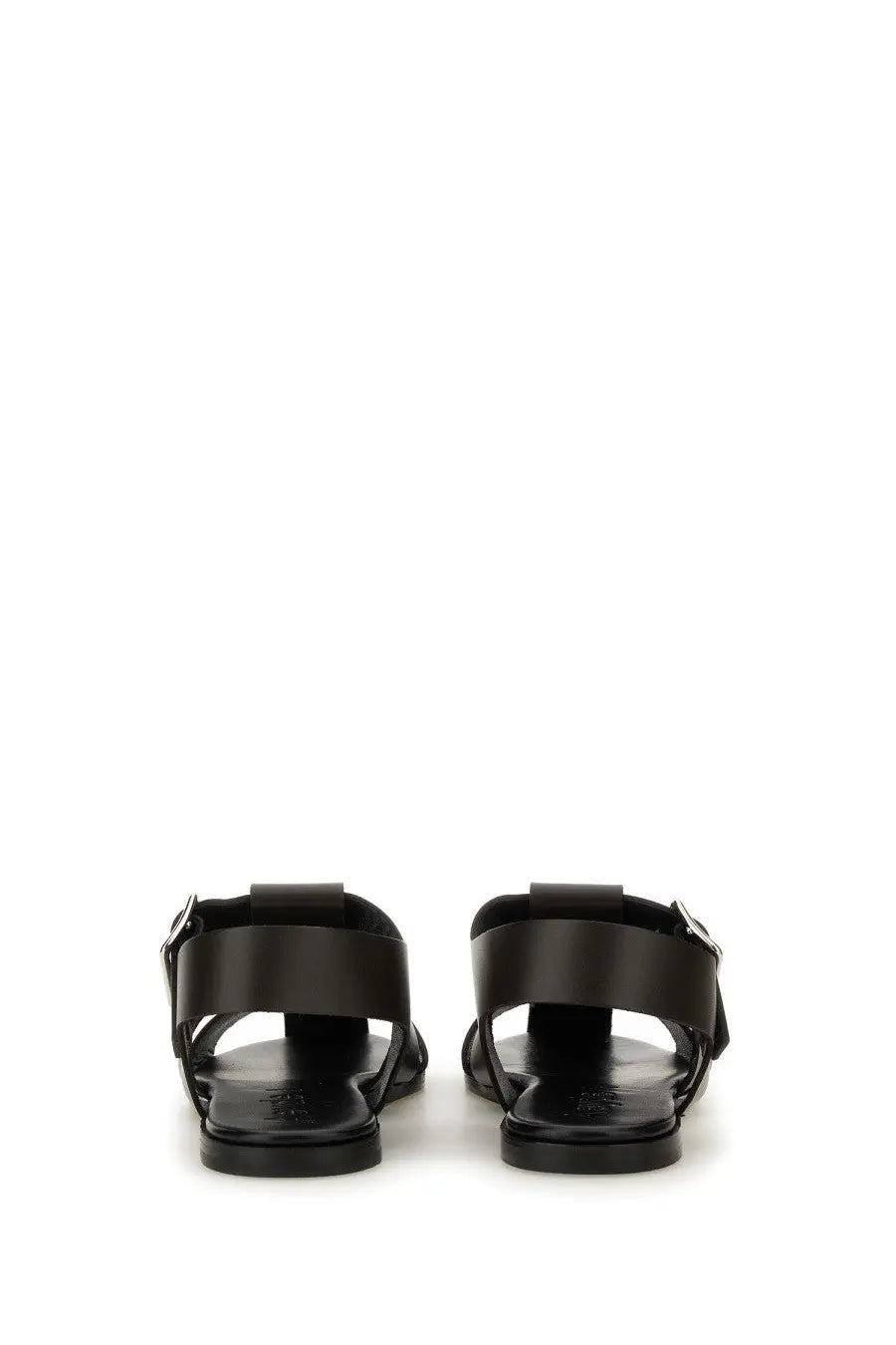 Aeyde women’s black leather sandals with minimalist design and silver-toned buckle accents