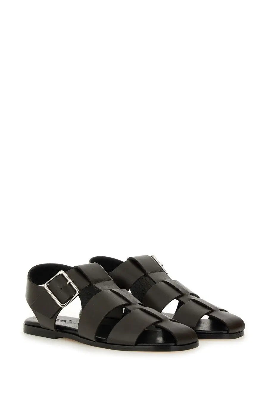 Aeyde women’s black leather sandals with woven straps and silver-toned buckle for stylish summer wear