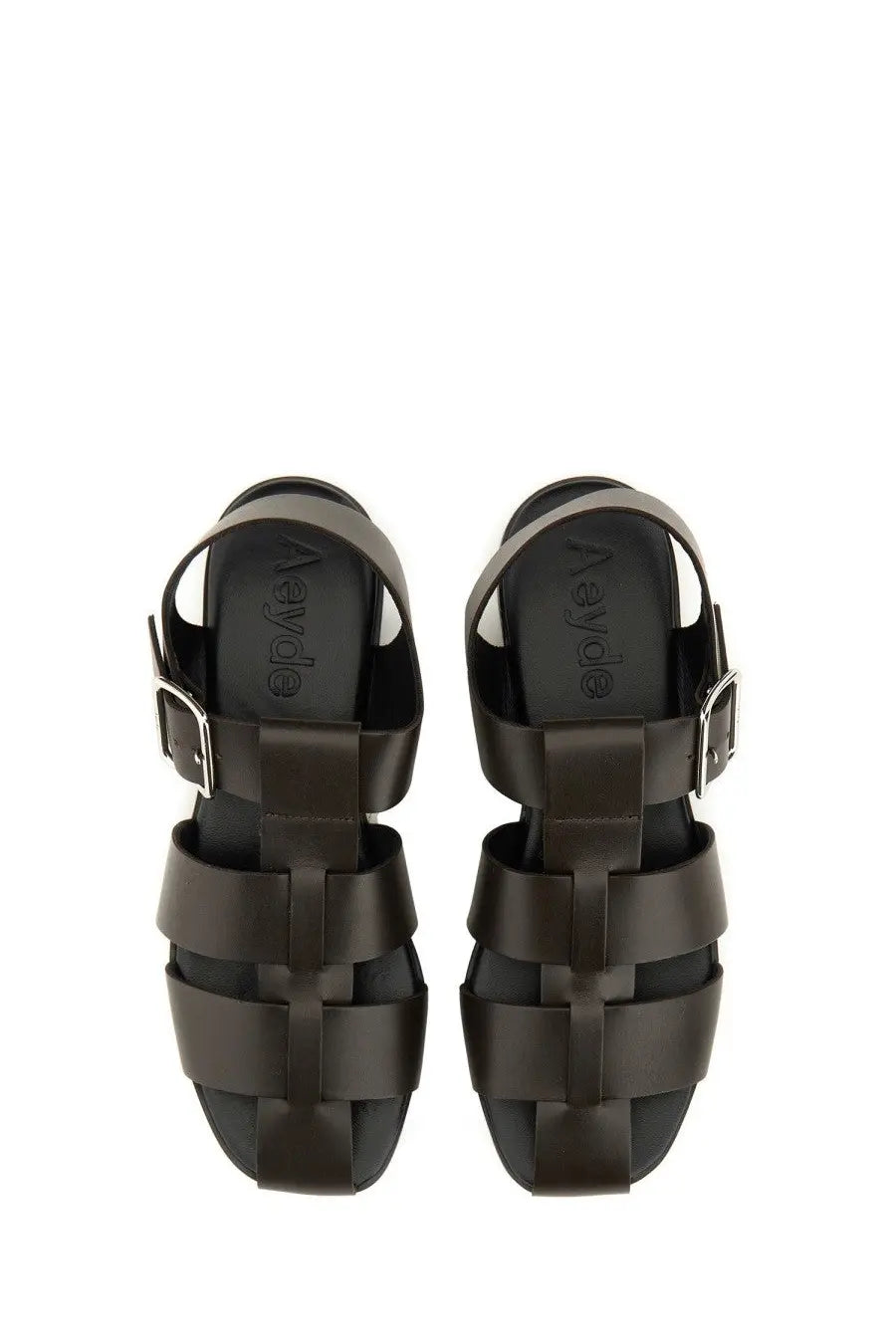 Aeyde women’s black leather sandals with woven strap design and silver-toned buckle accents