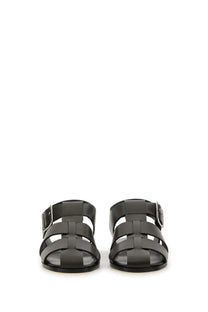 Aeyde women’s sandalo whit brown black woven leather sandals with silver-toned buckle details front view