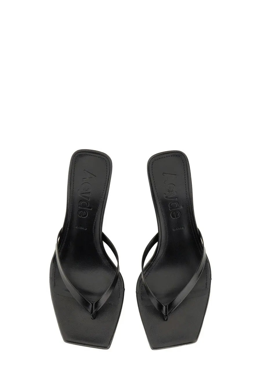 Aeyde women’s black patent leather square-toe thong sandals with low block heel for stylish comfort