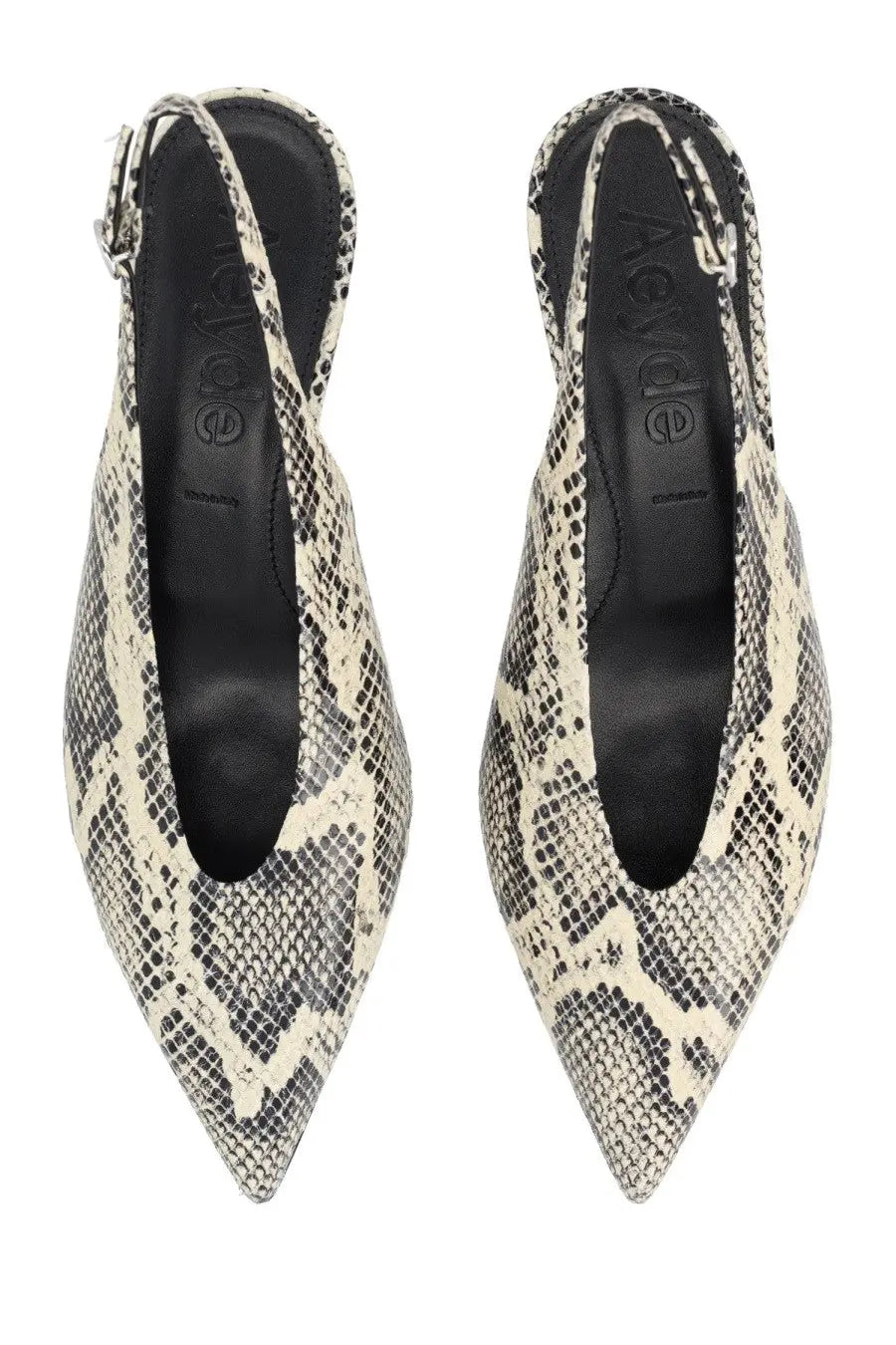 Aeyde women’s shoe Camila pattern black and cream snake print slingback heels with pointed toe design