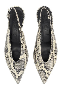 Aeyde women’s shoe Camila pattern black and cream snake print slingback heels with pointed toe design