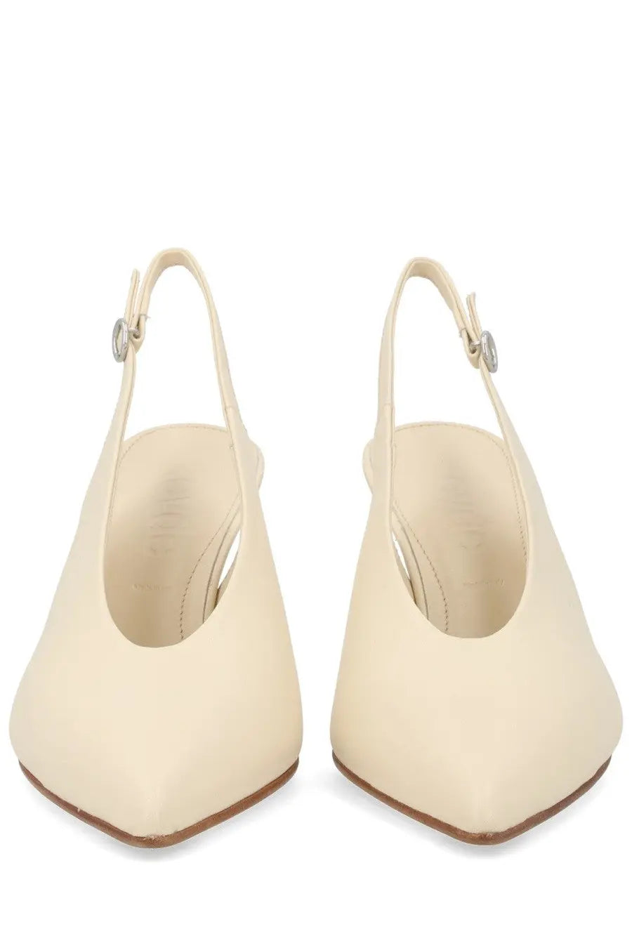 Aeyde women’s beige cream-colored leather slingback stiletto heels with pointed toe and silver-toned buckle detail
