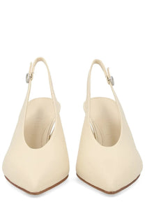 Aeyde women’s beige cream-colored leather slingback stiletto heels with pointed toe and silver-toned buckle detail