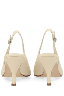 Aeyde women’s stiletto shoe beige cream leather slingback heel with slender heel and silver-toned buckle