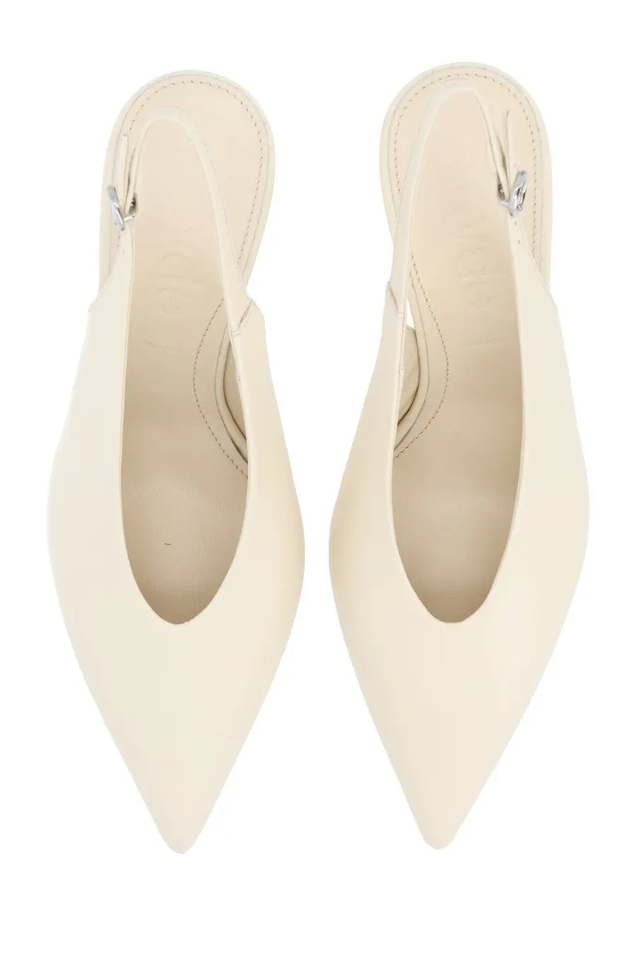 Aeyde women’s beige cream-colored pointed-toe slingback flats with minimalist design and metallic buckle accents