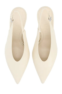 Aeyde women’s beige cream-colored pointed-toe slingback flats with minimalist design and metallic buckle accents