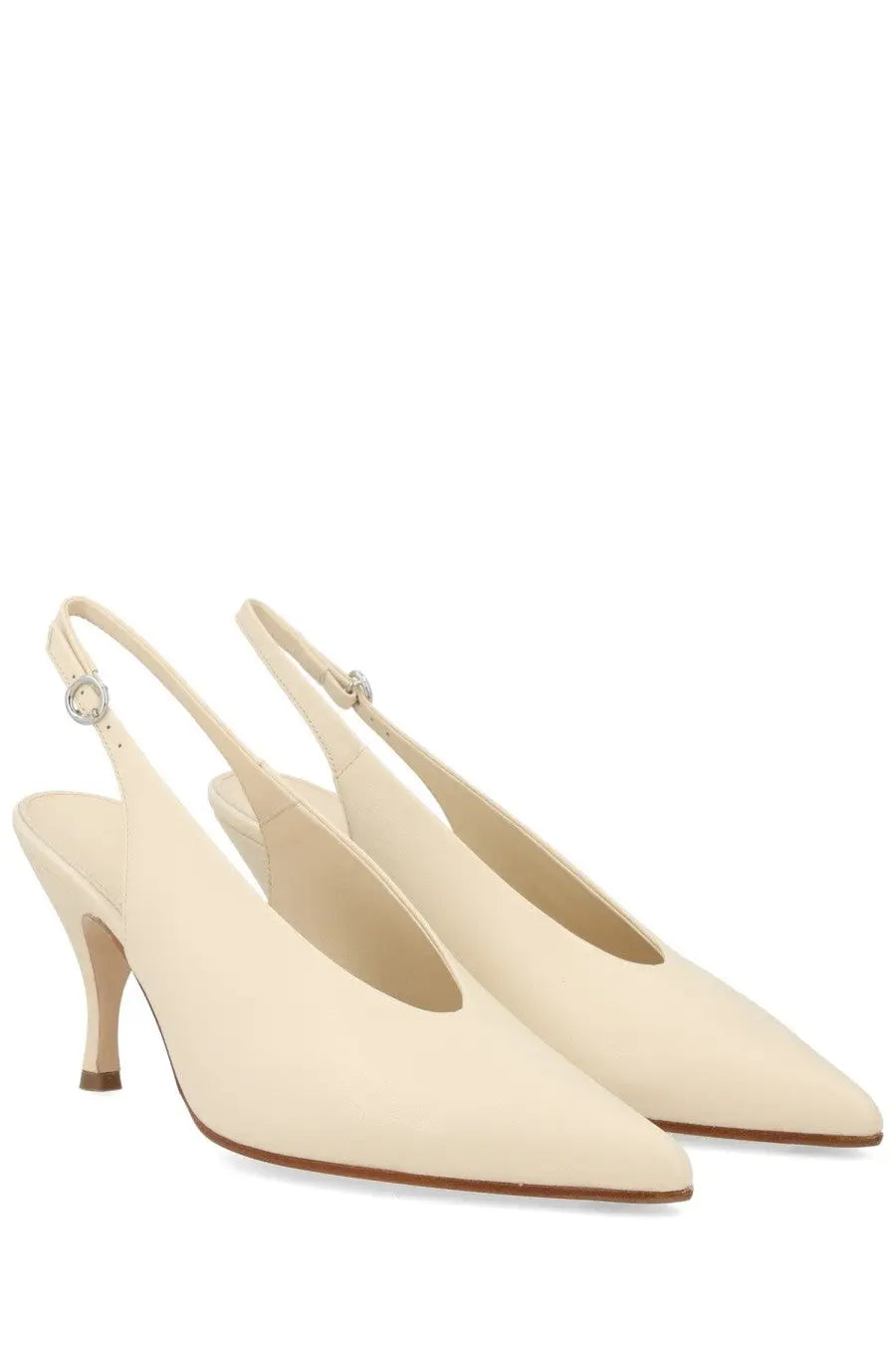 Aeyde women’s stiletto shoe beige cream-colored suede slingback heels with slender heel and silver buckle detail