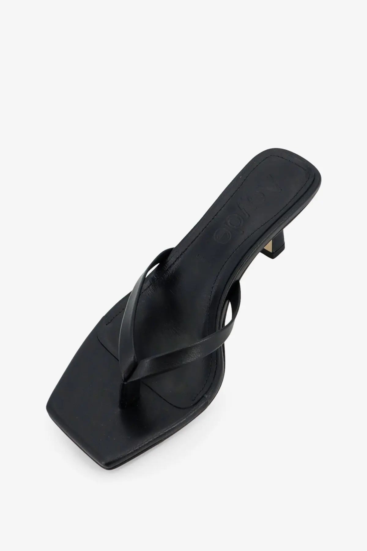 Aeyde women’s Wilma leather sandals in black featuring black leather flip-flop style with square toe and low heel